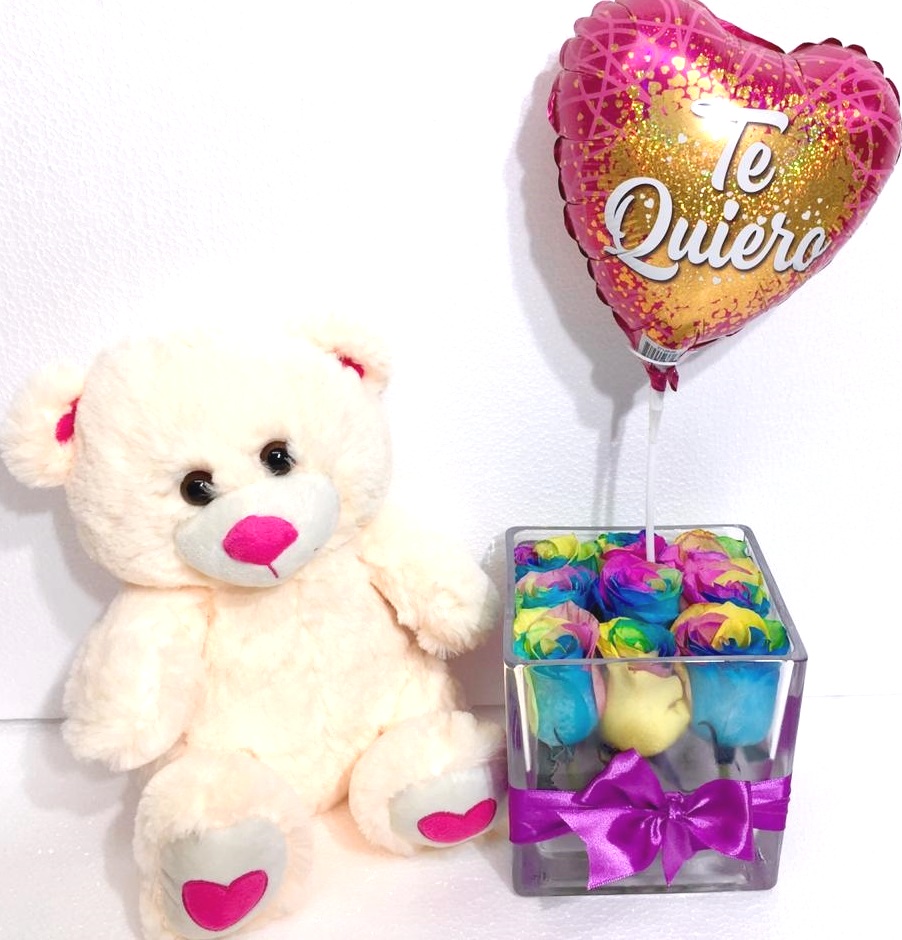 Cubo 9 Rosas Arcoiris ms Peluche 26 cm y Globito